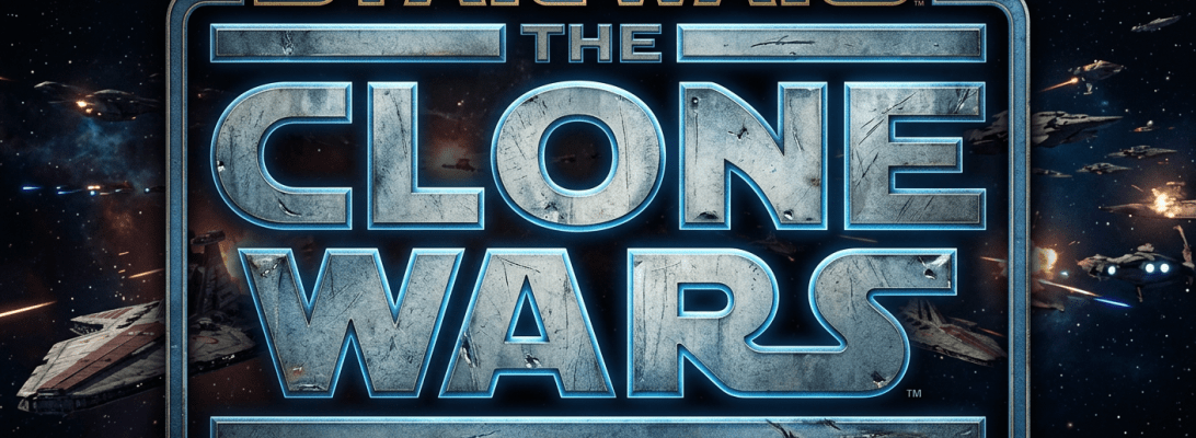 Star Wars: The Clone Wars logo over a scene of starships in a space battle