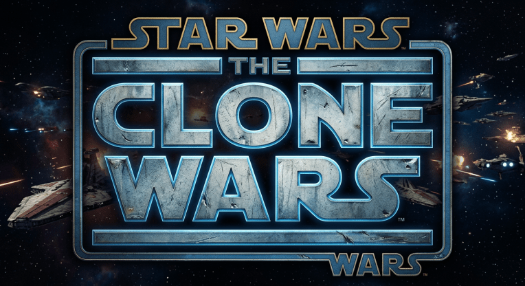 Star Wars: The Clone Wars logo over a scene of starships in a space battle